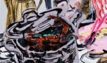 Evasão do tacho<br>2011, acrílico, esmalte sintético, verniz, cola de madeira, tinta da índia e marcador de têmpera sobre tela, 90x70cm