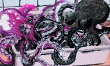 Entrelaçados, 2012<br>Acrilico, esmalte sintético, tinta da china, verniz, cola de madeira, marcador de temperae lápis de cor sobre tela .60 x 100 cm 