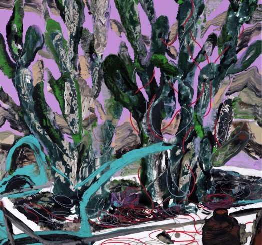 A expectativa plantada, 2012 <br>Acrílico, esmalte sintético, cola de madeira, tinta da india, tinta preta, marcador e lápis de cor sobre tela .80 x 60 cm 