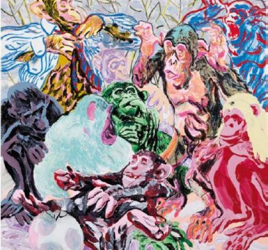 Les frotteurs<br>2011, acrílico, esmalte sintético, verniz, cola de madeira, tinta da índia e marcador de têmpera sobre tela, 100x70cm