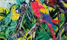 Parrot recorders<br>2011, acrílico, esmalte sintético, verniz, cola de madeira, tinta da índia e marcador de têmpera sobre tela, 100x70cm