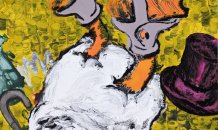 O último mergulho, 2012<br>Acrílico, esmalte sintético,tinta da India,cola de madeira, marcador de tempera e lápis de cor sobre tela. 100 x 80 cm