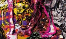 Mergulho de cabeça<br>2011, acrílico, esmalte sintético, verniz, cola de madeira, tinta da índia e marcador de têmpera sobre tela, 160x100cm