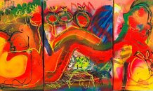 <br>© Maria José Cabral |  Ligação | Técnica Mista sobre Tela, Mixed Media on Canvas (Acrílico, pastel de óleo, lápis, spray)
40x90cm
2023