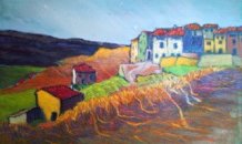<br>© Andy Newman  Casas ao longo de uma paliçada, 2024, óleo sobre madeira,42 x 71 cm 